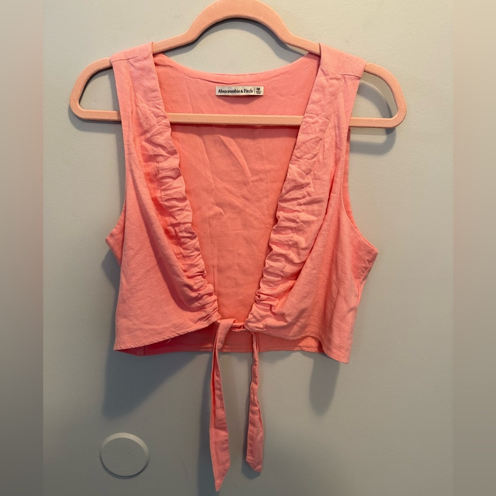 Abercrombie & Fitch Coral Ruffle Tie-Front Crop Top